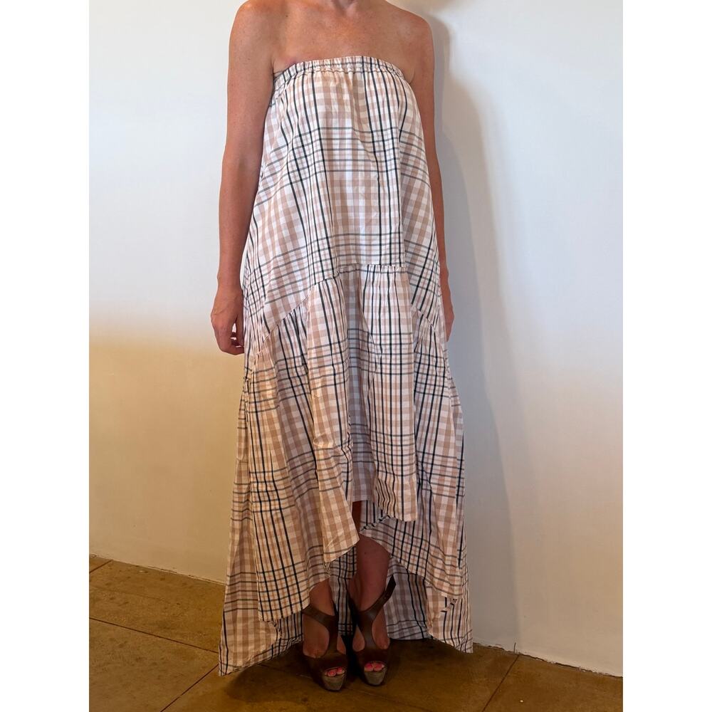 sh Silvian Heach 100% cotton tiered high low hem strapless maxi dress XS plaid